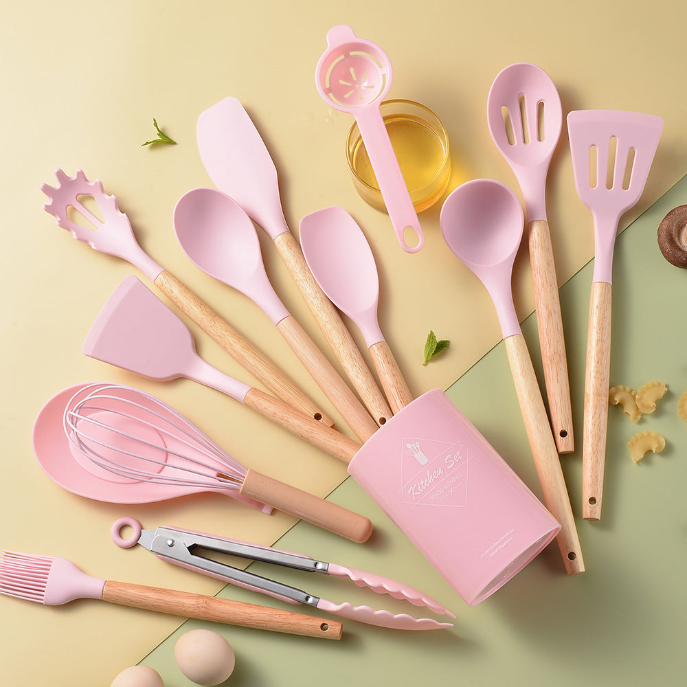 Silicone Kitchenware Set With Wooden Handles