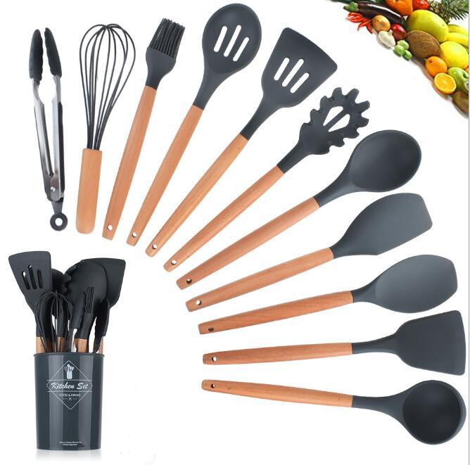 Silicone Kitchenware Set With Wooden Handles